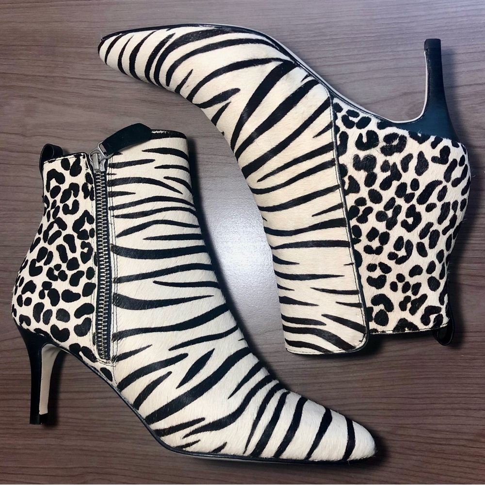 Size 7 Black and White Animal Print Real Fur Ankle Boot Heels